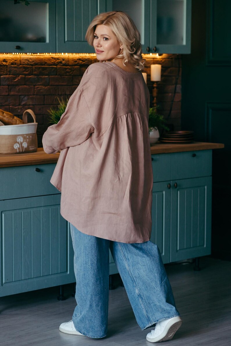 Brown pure linen tunic top dark background detail