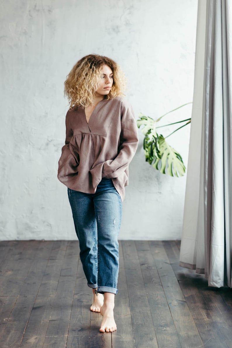 Rose taupe oversized linen shirt women interior lifestyle