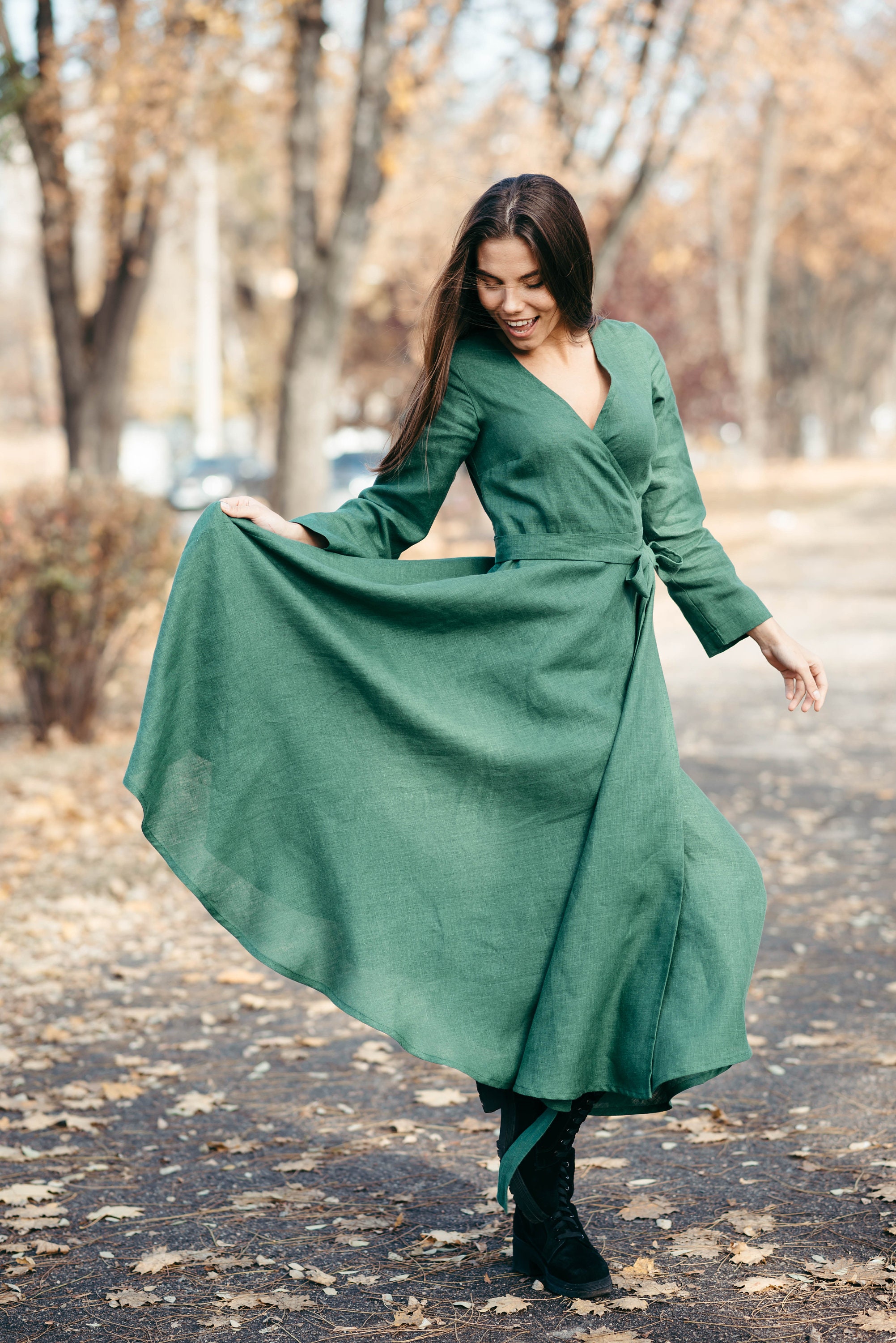 Midi Linen Dress Linen Wrap Dress Full Skirt Dress Long | Etsy UK