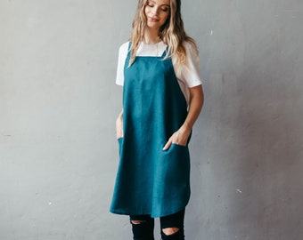 Japanese Apron - Linen Aprons for Women - Women's Linen Kitchen Apron - Pinafore Apron - Baking Apron with Pockets - Smock Apron