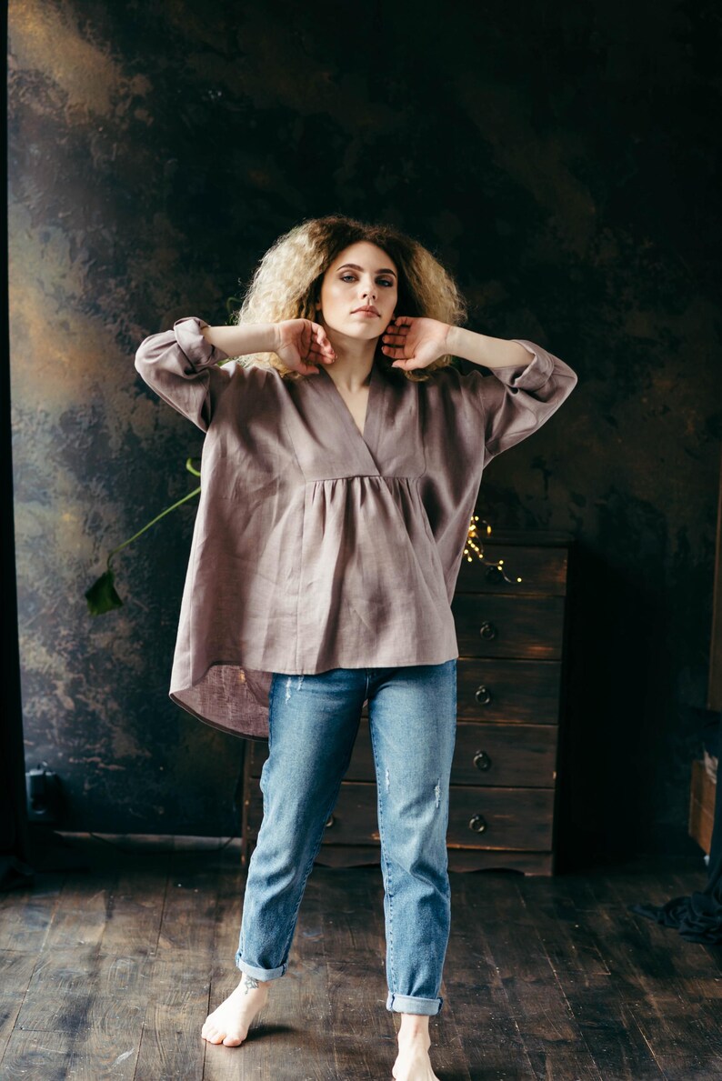 Rose taupe linen shirt for women wrap neckline front view