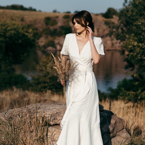 Boho Linen Wedding Dress | Wrap Wedding Gown | Simple Elopement Dress - Etsy