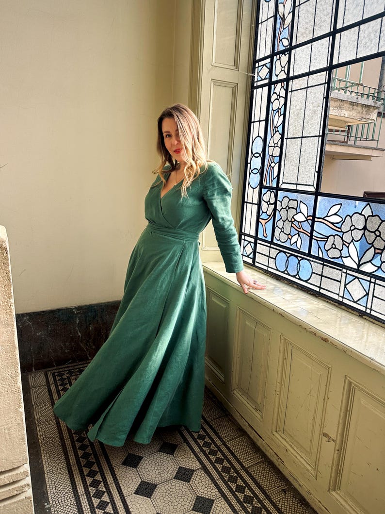 Green linen wrap dress by ornate stained glass window