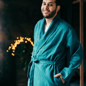 Peignoir en lin naturel pour homme - Robes de chambre assorties pour homme et femme - Peignoir en lin pour homme