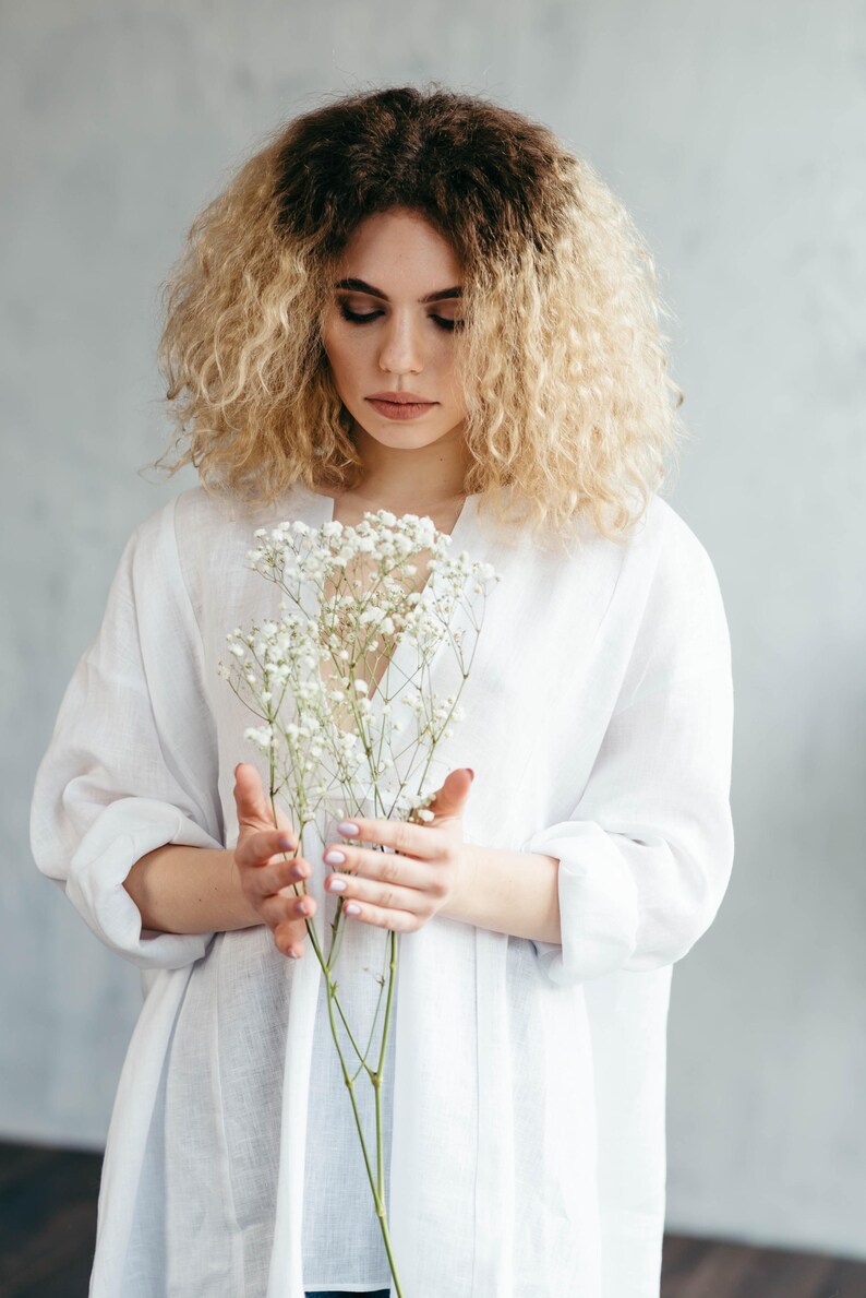 White oversized linen shirt front view full length