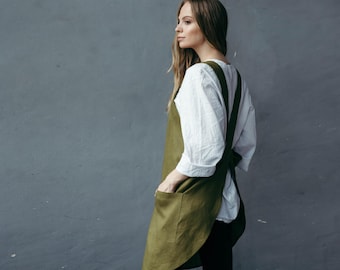 Japanese Pinafore Apron - Linen Aprons for Women - Smock Apron with Pockets