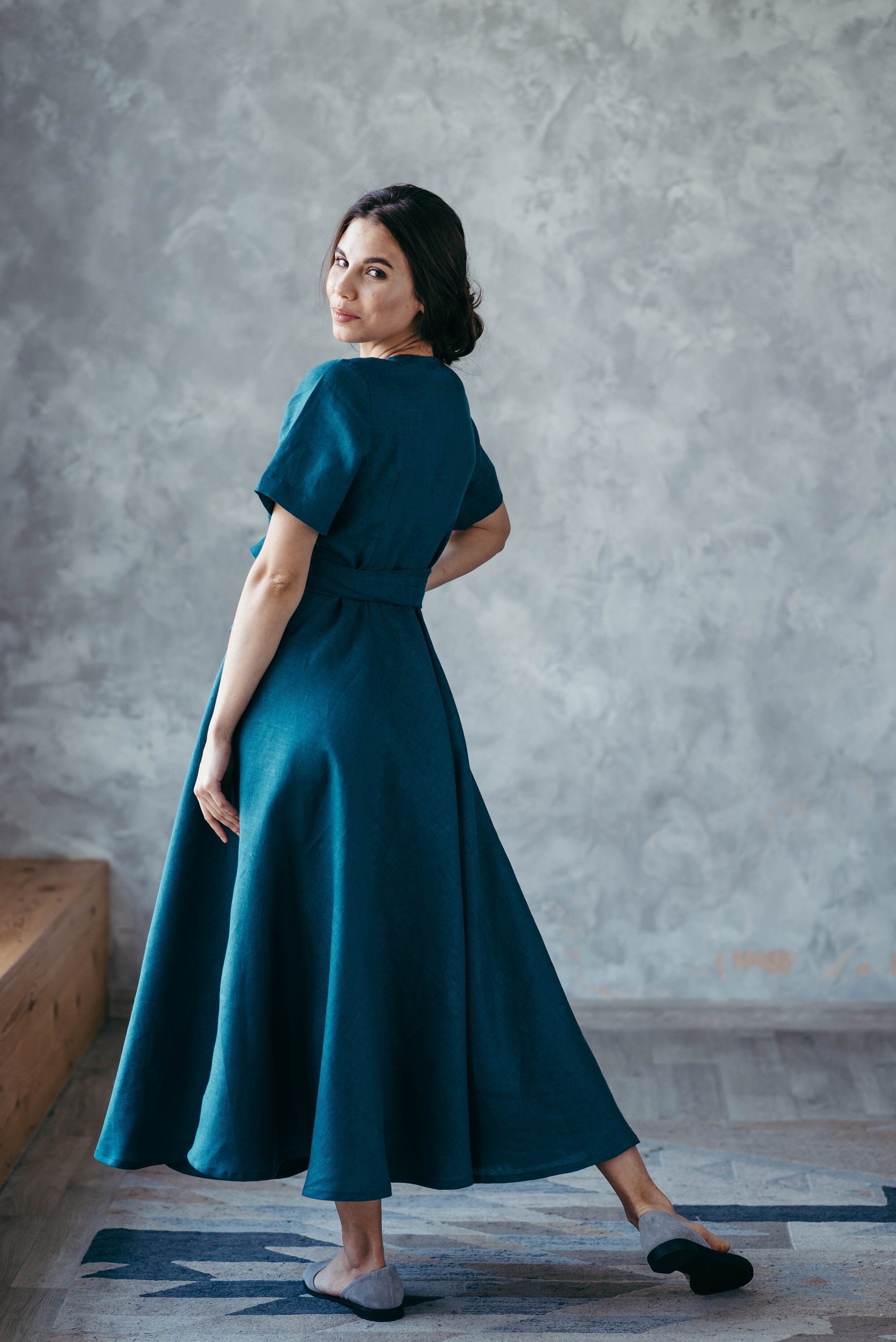 Pure Linen Wrap Dress Autumn Dress With Pockets A Line Midi Spring