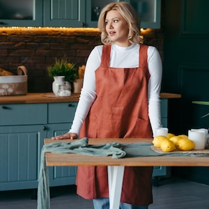 Linen Pinafore Apron - Cross Back Smock Apron for Women and Kids - Pottery, Gardening and Artist Apron