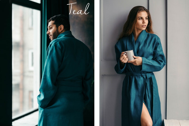 Womens Linen Robe Linen House Robe Bath Robe Ladies Dressing Gown Flax Clothing Plus Size Robe Anniversary Gift Wedding Gift Teal