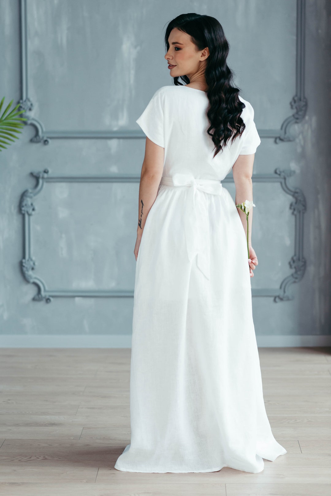 white linen dresses for beach weddings White Linen Cotton Maxi Dress - Backless & Belted