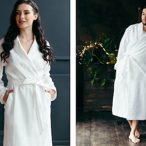 Womens Linen Robe Linen House Robe Bath Robe Ladies Dressing Gown Flax Clothing Plus Size Robe Anniversary Gift Wedding Gift White