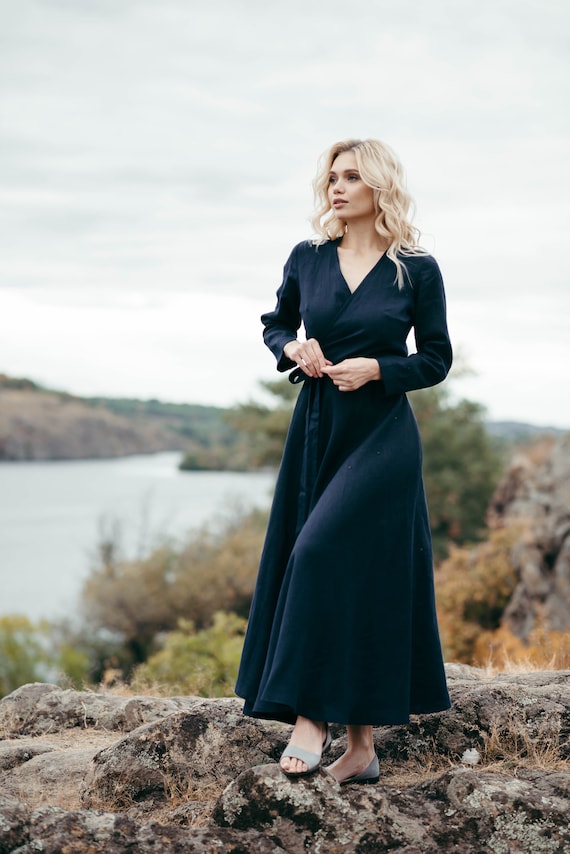 long sleeve wrap bridesmaid dress Linen | Navy & Wedding Guest Dress Color:LAPD Navy Luxurious fabric available in Mauve Rose Bridal Salons With Prices