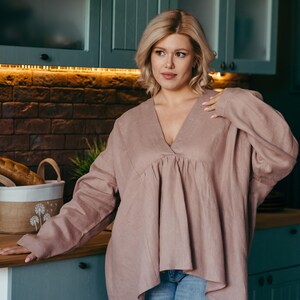 Taupe oversized linen tunic back view asymmetric hem