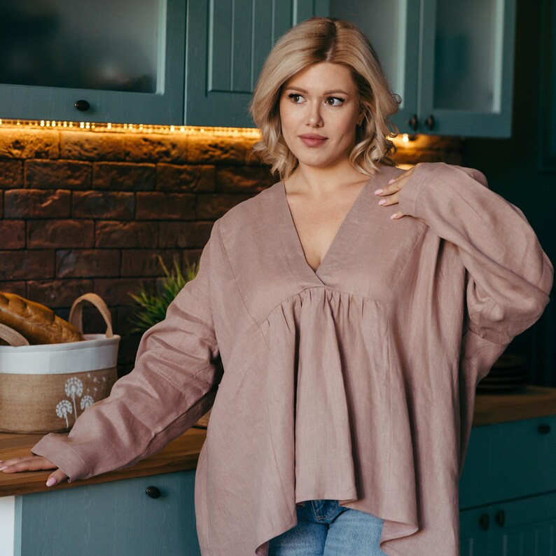 Taupe oversized linen tunic back view asymmetric hem
