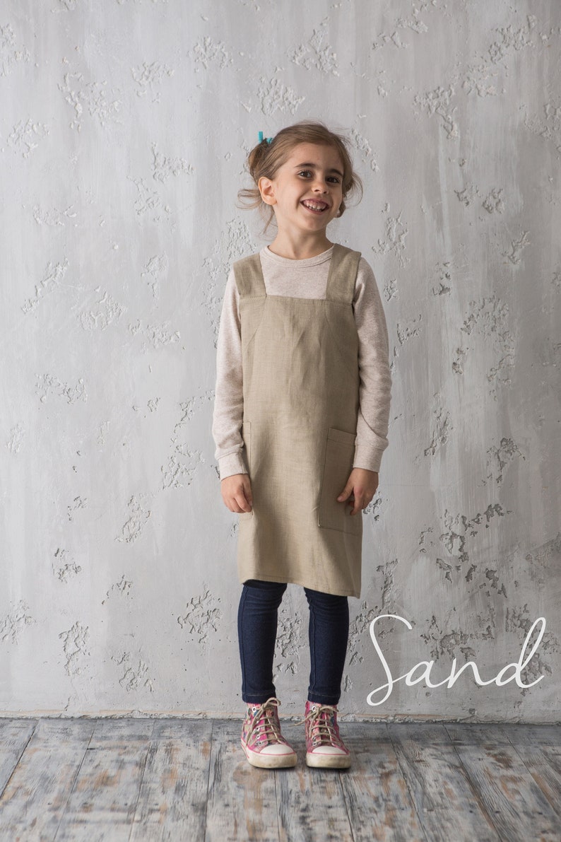 Linen Apron for Kids Apron with Pockets Linen Pinafore Cross Back Japanese Apron Children Craft Baking Pinafore Montessori Gift Sand