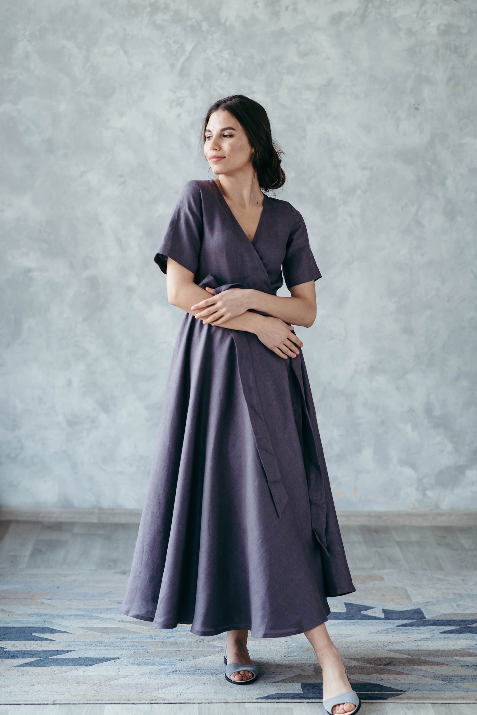 Pure Linen Wrap Dress With Pockets A Line Midi Spring Summer Etsy UK