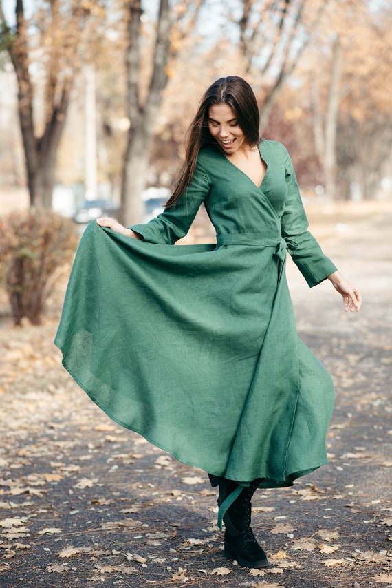 Long Sleeve Wrap-Style Green Midi Dress Long Sleeve Wrap-Style Green Midi Dress