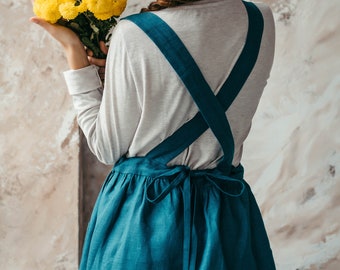 Pinafore Apron - Linen Apron - Japanese Crossback Apron - Linen Aprons for Women - Cute Apron for Cafe -Apron with Pockets