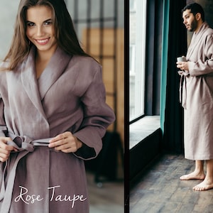 Womens Linen Robe Linen House Robe Bath Robe Ladies Dressing Gown Flax Clothing Plus Size Robe Anniversary Gift Wedding Gift Rose Taupe