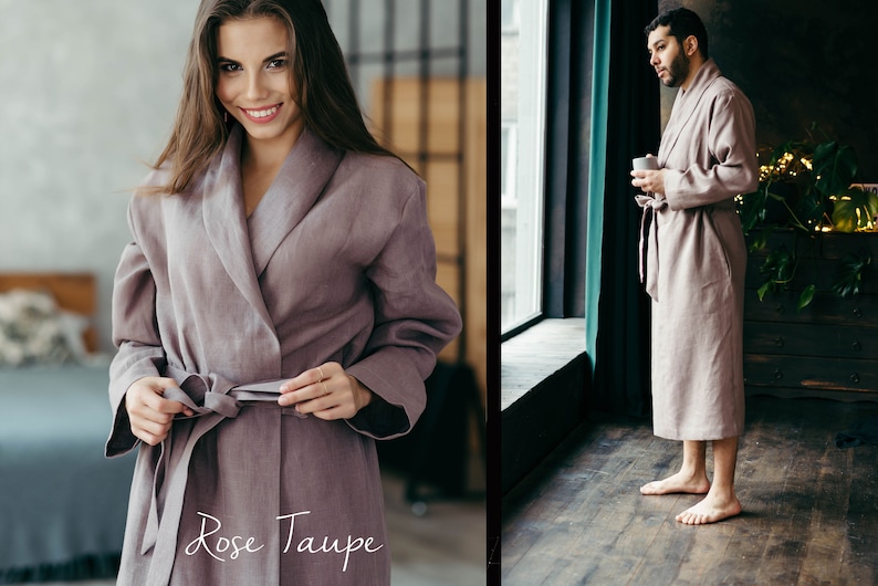 Womens Linen Robe Linen House Robe Bath Robe Ladies Dressing Gown Flax Clothing Plus Size Robe Anniversary Gift Wedding Gift Rose Taupe