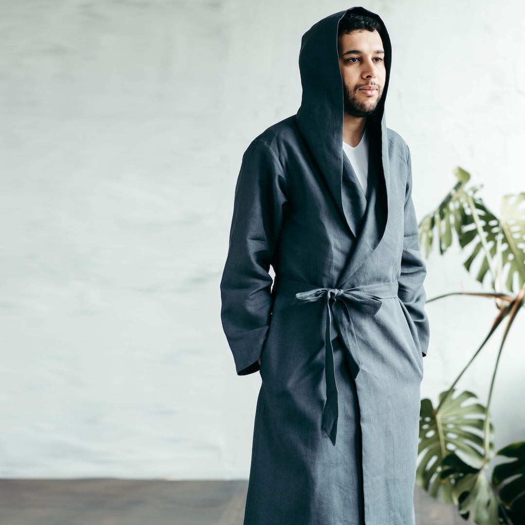Robe With Hood - Robe for Men - Men's Flax Robe - Linen Dressing Gown ...