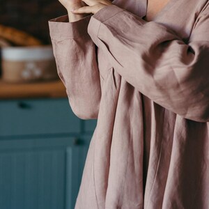 Taupe linen blouse women wide leg trousers lifestyle