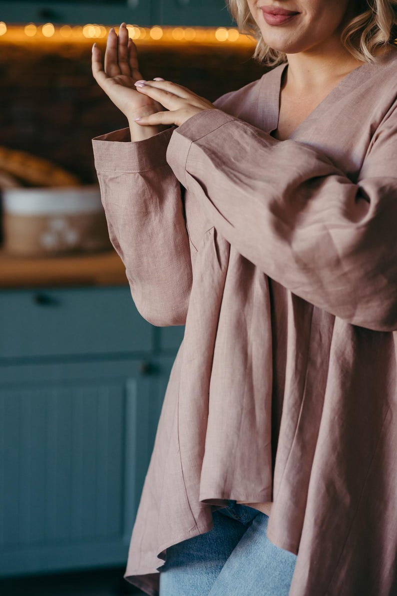 Taupe linen blouse women wide leg trousers lifestyle