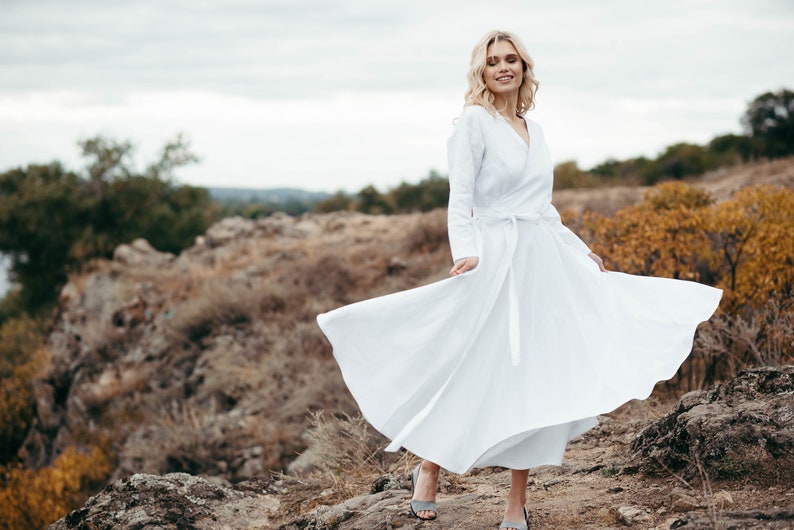 Linen Wedding Dress Wedding Dress with Pockets Simple White Dress with Sleeves Long Linen Wrap Dress Alternative Wedding Dress image 3