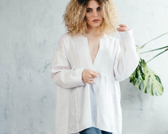 Camisa de linho branca relaxada – Top de linho de manga comprida – Túnica de verão leve para mulheres