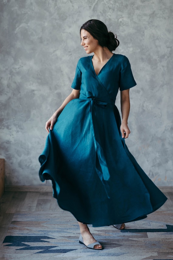 Long Linen Dress Wrap Dress Midi Full Skirt Dress Spring Summer Dress Bohemian Dress Flowy Skirt Sustainable Clothing Etsy