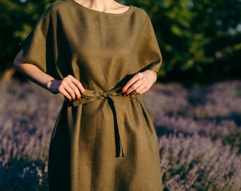 Kaftan Dress - Linen Kaftan - Loose Linen Dress - Long Sleeve Linen Dress - Dress with Pockets - Plus Size Linen Dress