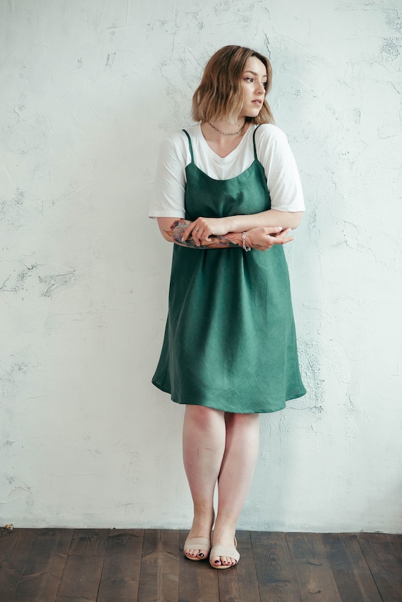 Linen Slip Dress - Linen Strappy Cami Dress - Basic Linen Dress - Linen Midi Skirt - Linen Night Gown - Green Midi Dress