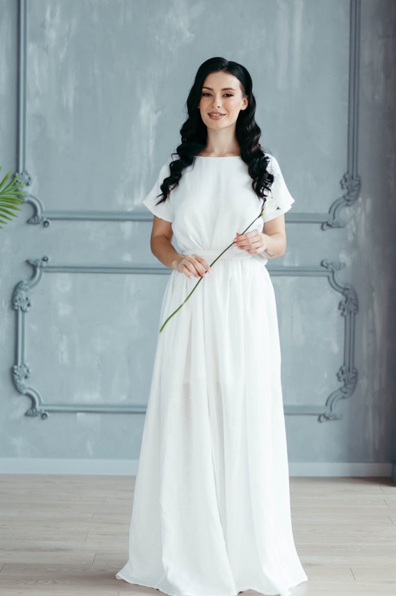elegant white simple dresses Berylove Women Elegant White Wedding Dress with Slit A Line Strapless Pleated Sweep Train Bridal Dress, White / US14