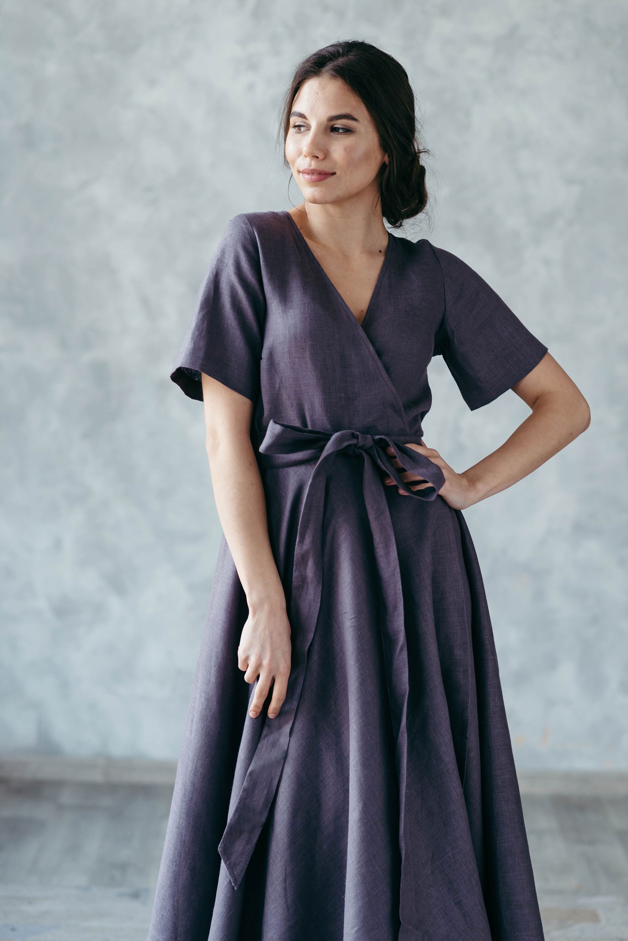 Pure Linen Wrap Dress With Pockets A Line Midi Spring Summer Etsy UK
