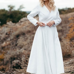 Linen Wedding Dress Wedding Dress with Pockets Simple White Dress with Sleeves Long Linen Wrap Dress Alternative Wedding Dress image 8