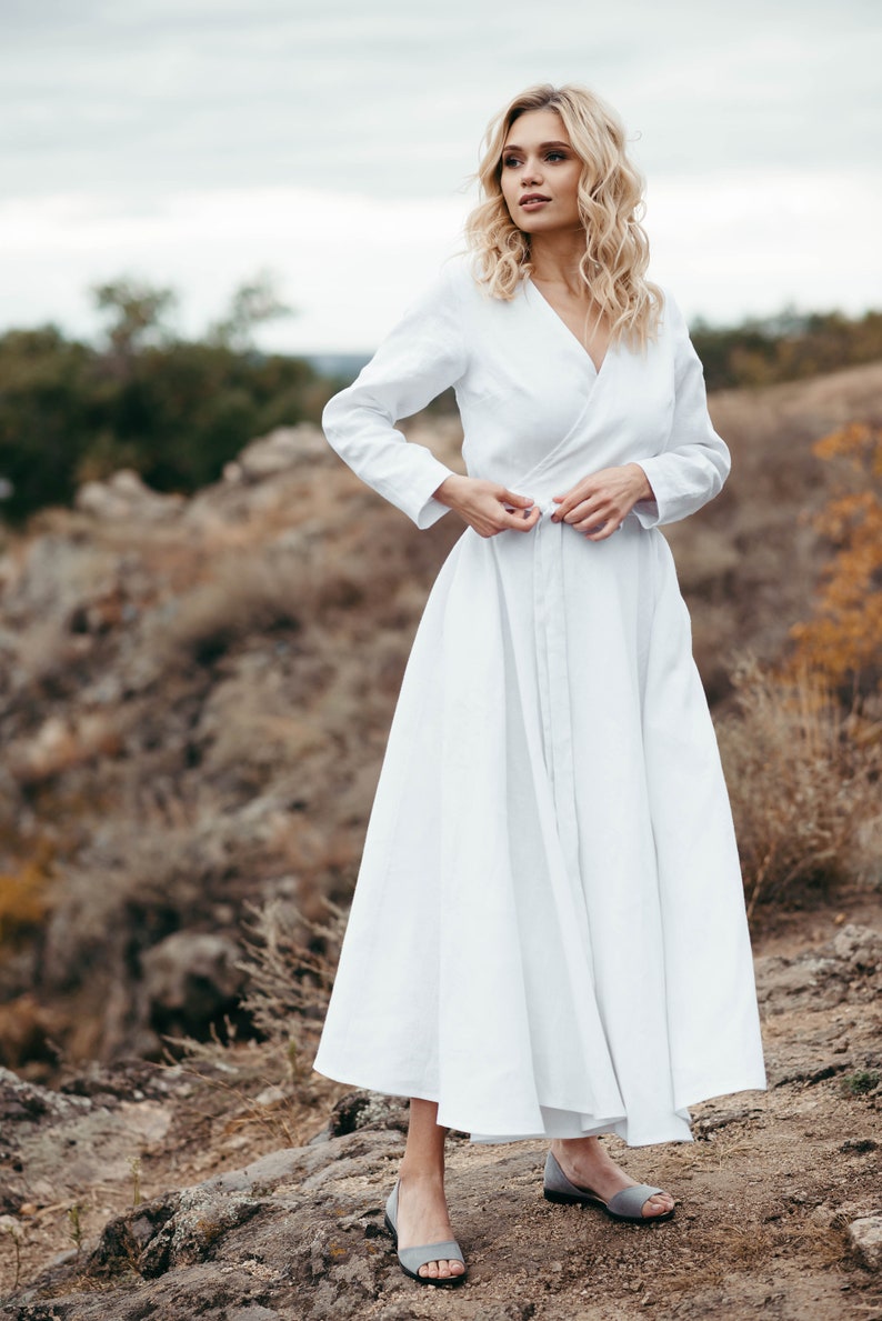 Linen Wedding Dress Wedding Dress with Pockets Simple White Dress with Sleeves Long Linen Wrap Dress Alternative Wedding Dress image 8