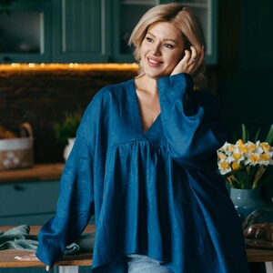 Coastal blue linen tunic top women full length front view