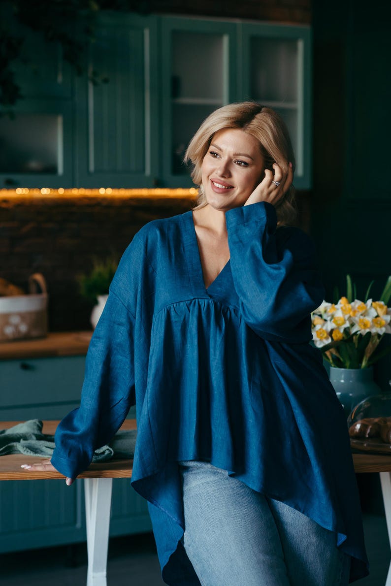 Coastal blue linen tunic top women full length front view