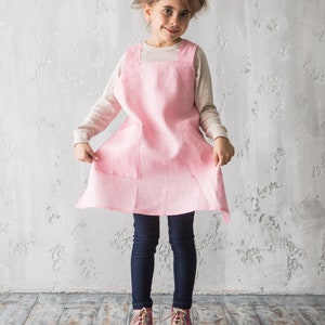 Linen Apron for Kids Apron with Pockets Linen Pinafore Cross Back Japanese Apron Children Craft Baking Pinafore Montessori Gift Rose