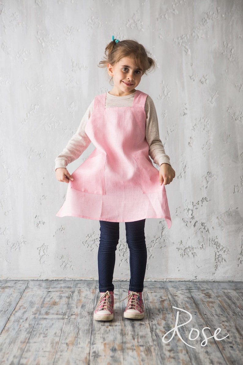 Linen Apron for Kids Apron with Pockets Linen Pinafore Cross Back Japanese Apron Children Craft Baking Pinafore Montessori Gift Rose