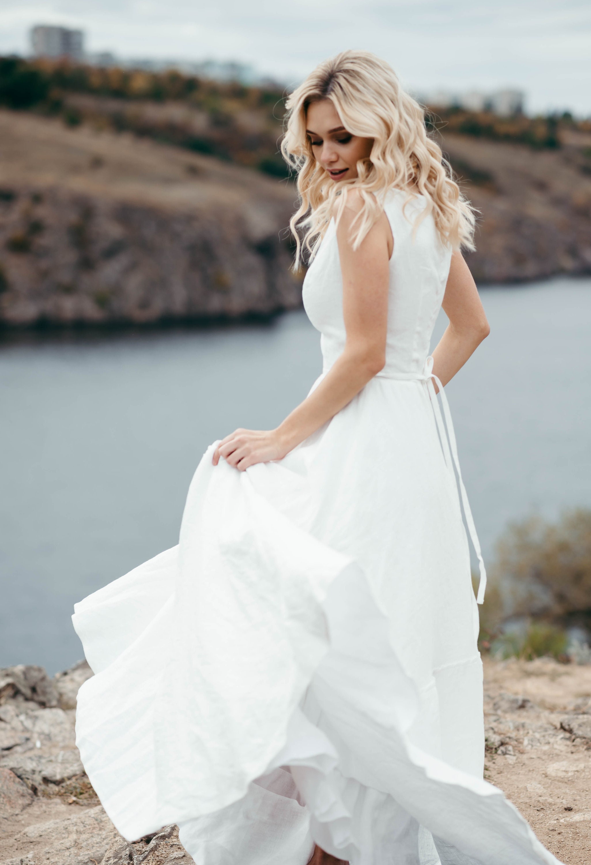chinese dress ladies Simple White Beach Linen Wedding Dress Biel