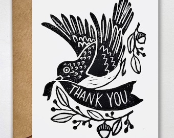 Block Printed Thank You Cards-Blank Inside | Linocut Birds | Handmade Artist Greeting Cards | Phrase and Sayings | Hand Crafted Gift Ideas