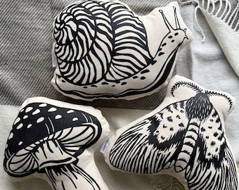 Block Printed Insect Mushroom Shaped Pillows | Linocut Art | Cottage Core Stuffed Animal | Handmade Gift | Stuffy Childs Toy | Home Decor