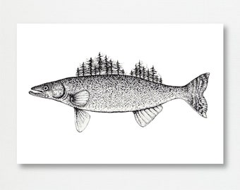 Outdoorsy Walleye Sketch-Print of Original Illustration | Nature Surrealism Artwork | Fish Pen Ink Drawing | Woods Forest Sketch | Gift Idea