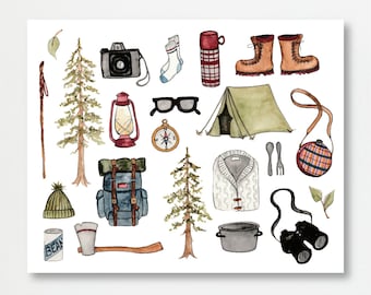 Camping Essentials Illustration Print | Camp Tools | Outdoors Explore Painting | High Quality Art Print | Woods Forest Gift Ideas