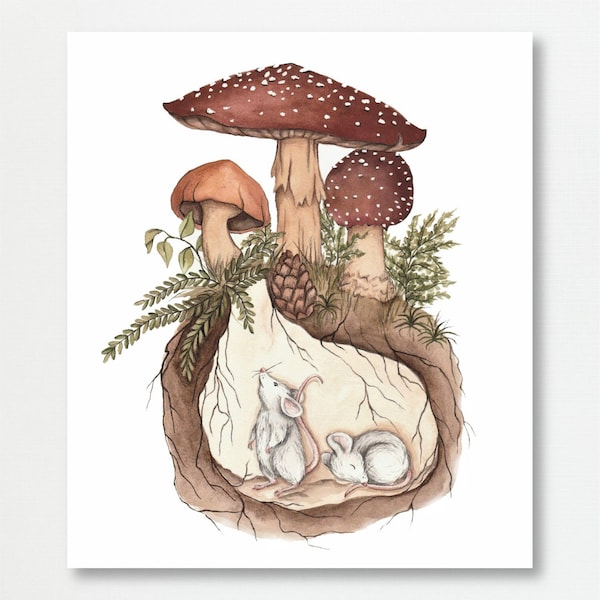 Mice Mushroom Burrow Illustration Print | Woodland Floral Children's Artwork | Whimsical Folk Art Inspired | Watercolor Gouache Hand Painted