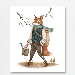 Ilustración de personaje de zorro en busca de comida / Obra de arte infantil con motivos florales del bosque / Arte popular caprichoso inspirado / Arte mural pintado con acuarela