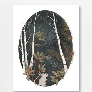 Winter Flora Illustration Print | Mice Birch Gouache Painting | Whimsical Nature Folk Art | Forest Handmade Gift Ideas