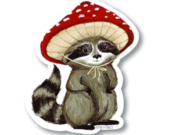 Raccoon Mushroom Sticker: Glossy Waterproof Woodland Art