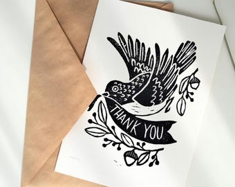 Block Printed Thank You Cards, Blank Inside Linocut Birds, Handmade Artist Greeting